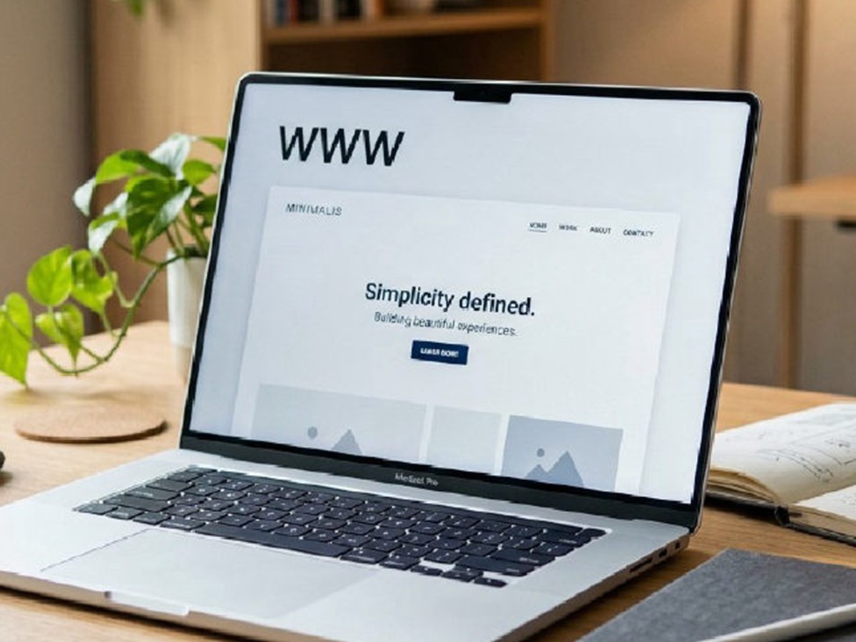 A laptop showing a clean website on a wooden desk
